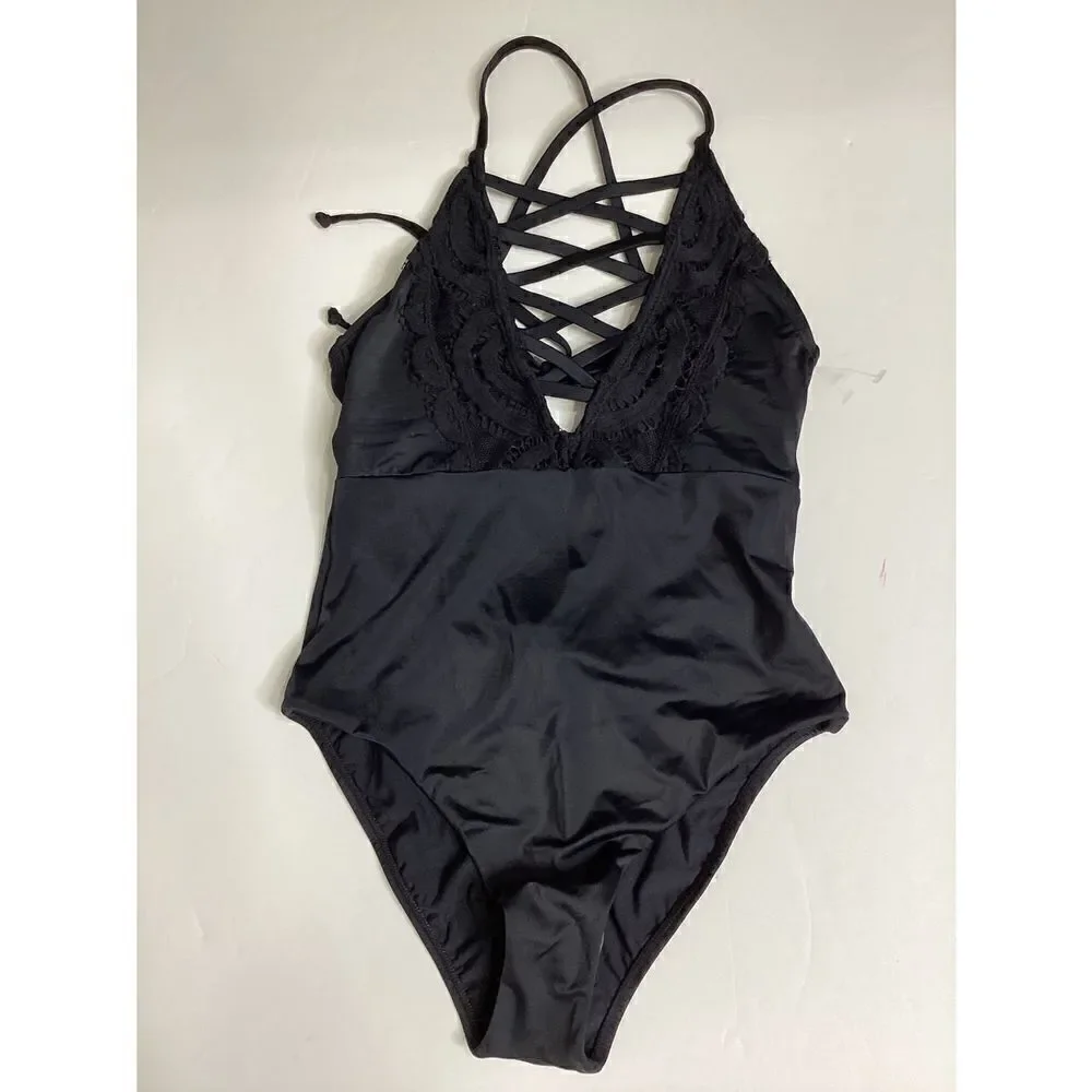 New. Pilyq LACE front with black lace trim swimsuit. Run small
